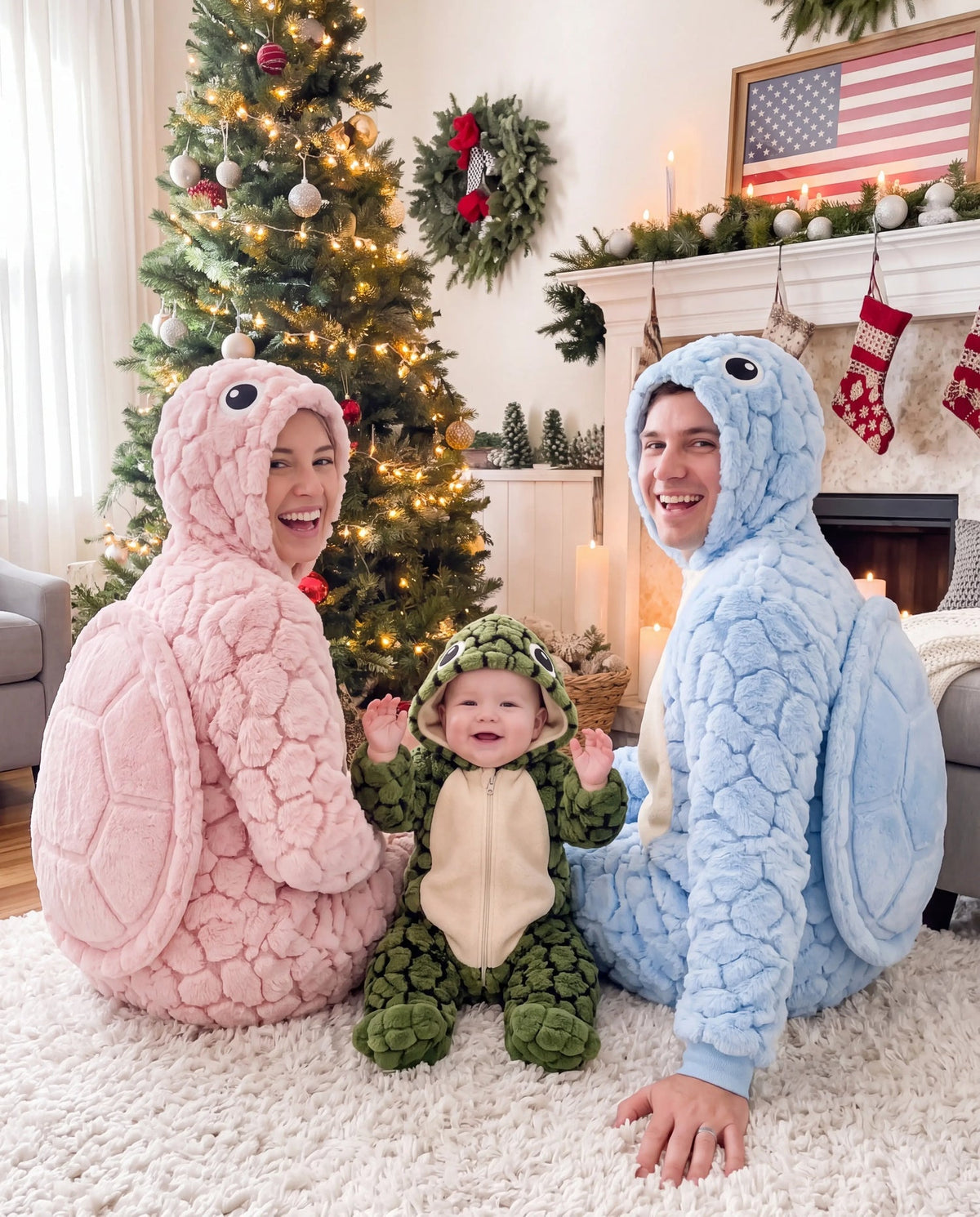 Babyshells family wearing turtle onesies