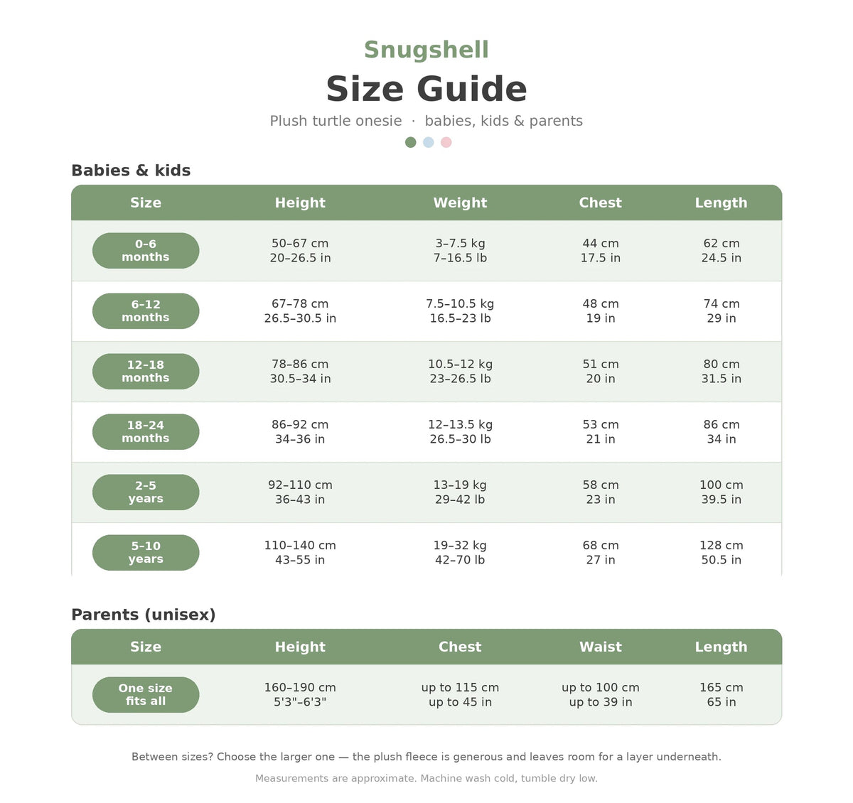 Babyshells turtle onesie — Size chart
